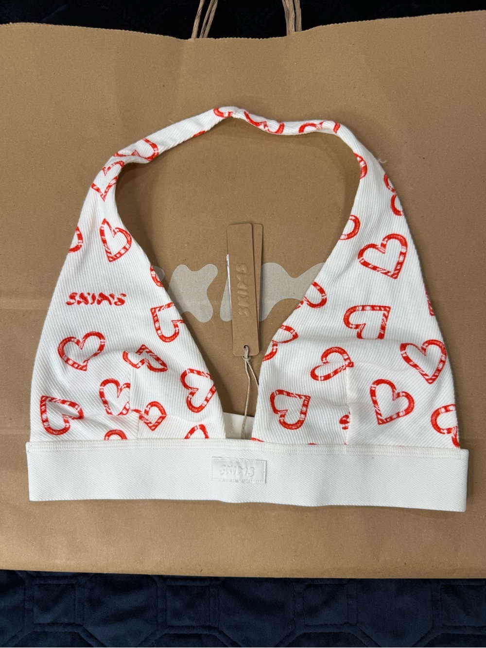 SKIMS White Halter Bralette with Red Heart Print